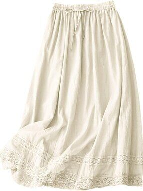 Flowy Boho Midi Skirt with Lace Trim | Women's Cotton Linen Long Skirt